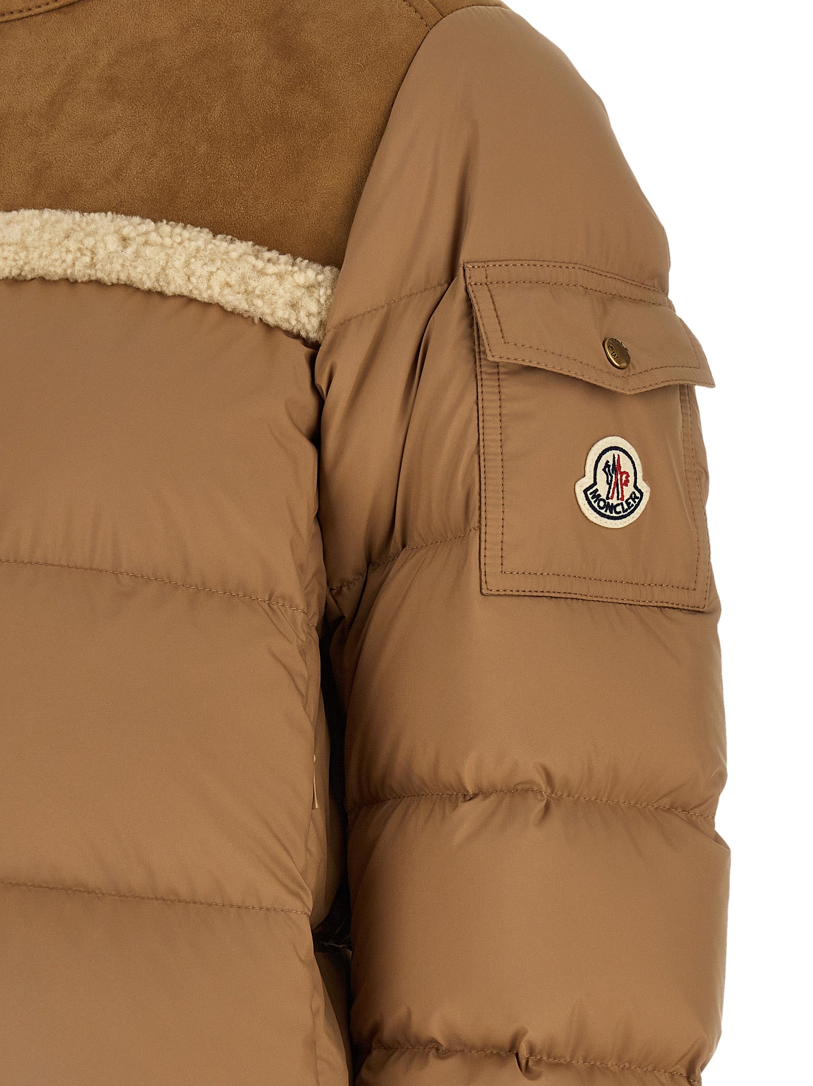 Puffer Jacket by Moncler for women in polyester suede leather beige features an on trend silhouette, showcasing refined pockets & insulated and a sophisticated for a truly on trend finish.