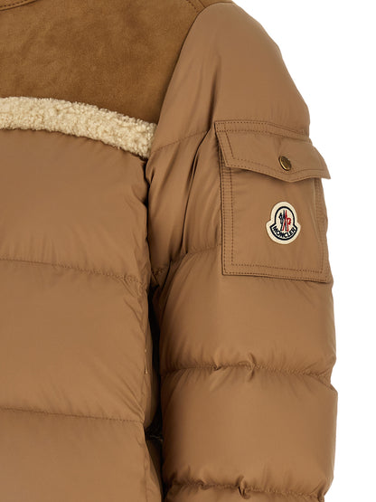 Puffer Jacket by Moncler for women in polyester suede leather beige features an on trend silhouette, showcasing refined pockets & insulated and a sophisticated for a truly on trend finish.