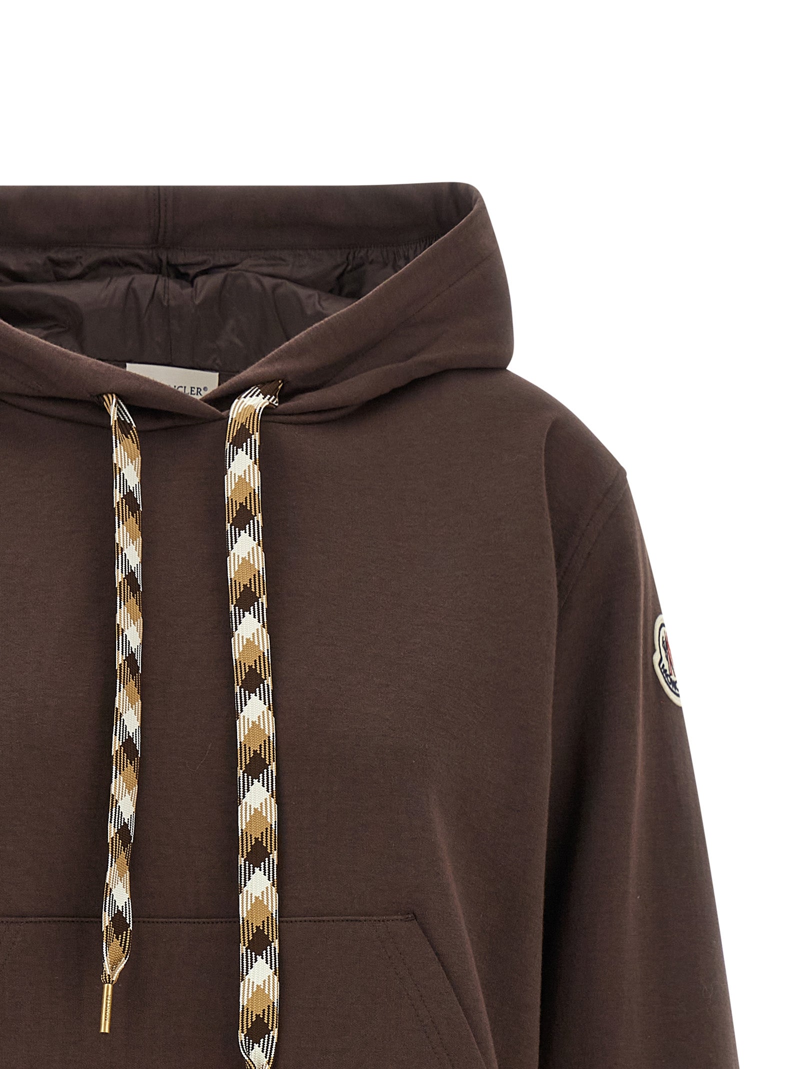 Sweatshirt Hoodie by Moncler for women in polyamide & cotton brown & signature features an avant-garde silhouette, showcasing a sophisticated hooded neckline and detail for a truly avant-garde finish.