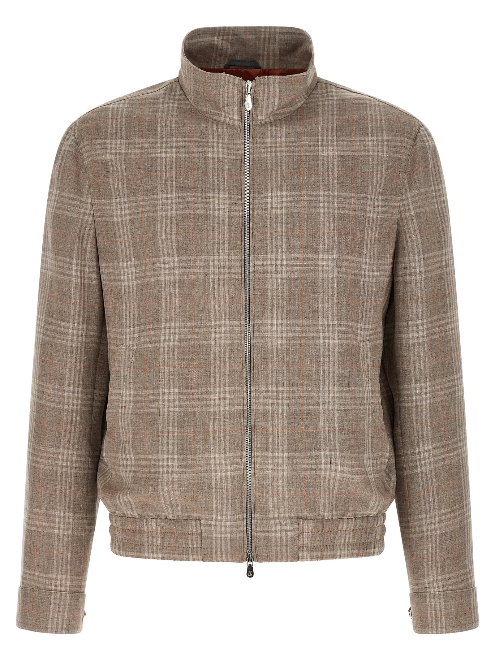 Overcoat by Brunello Cucinelli for men in linen silk cupro wool beige, brown, patterned & tartan showcases a enveloping silhouette, detailed with distinctive and a enveloping .