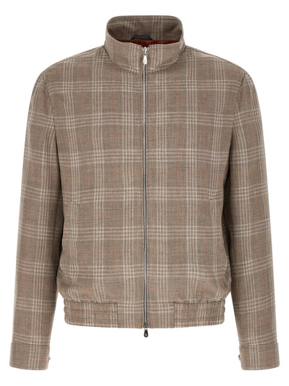 Overcoat by Brunello Cucinelli for men in linen silk cupro wool beige, brown, patterned & tartan showcases a enveloping silhouette, detailed with distinctive and a enveloping .