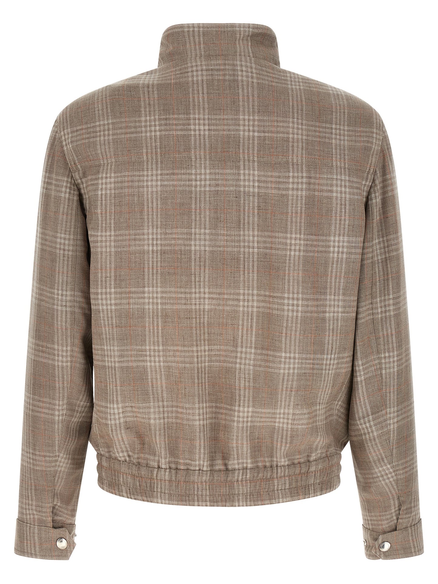 Overcoat by Brunello Cucinelli for men in linen silk cupro wool beige, brown, patterned & tartan features an satoral silhouette, showcasing a sophisticated and satoral for a premium, timeless look.