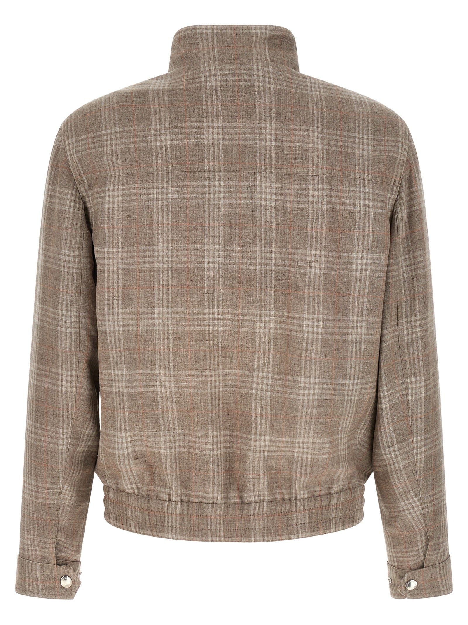 Overcoat by Brunello Cucinelli for men in linen silk cupro wool beige, brown, patterned & tartan features an satoral silhouette, showcasing a sophisticated and satoral for a premium, timeless look.