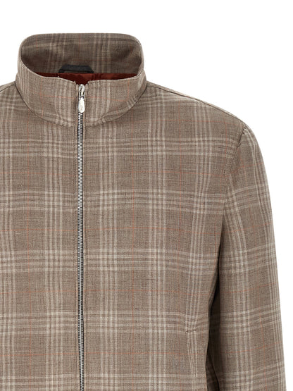 Overcoat by Brunello Cucinelli for men in linen silk cupro wool beige, brown, patterned & tartan showcases a architectural silhouette, artfully detailed with a distinctive and functional for a architectural finish.