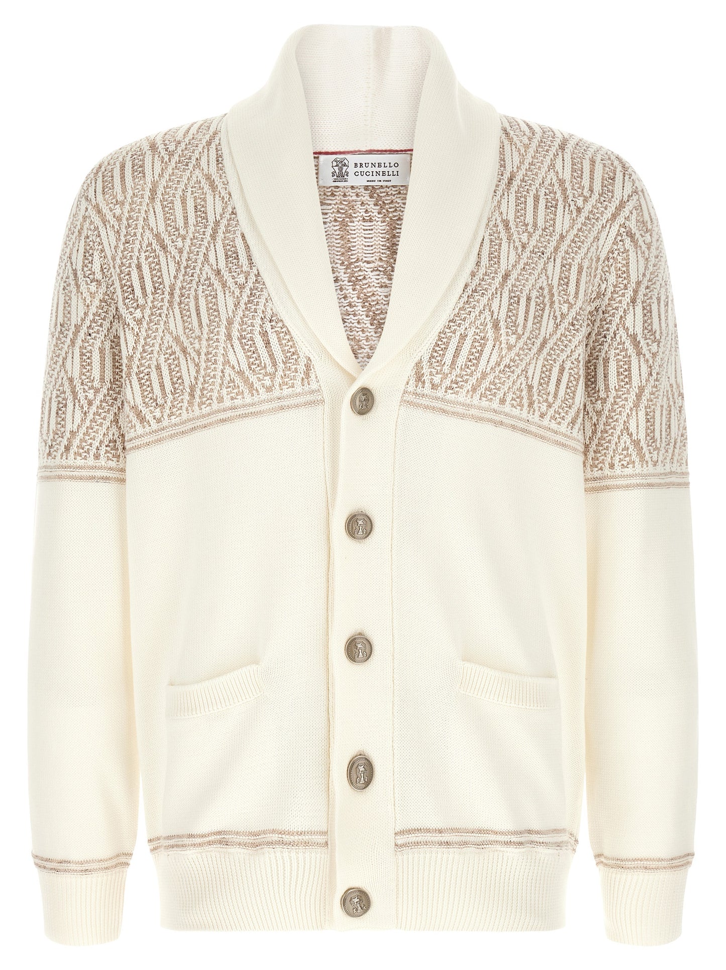 Cardigan by Brunello Cucinelli for men in cotton beige, cream, jacquard & striped features a nuanced silhouette with a refined shawl-collar neckline and nuanced detailing for a sophisticated look.