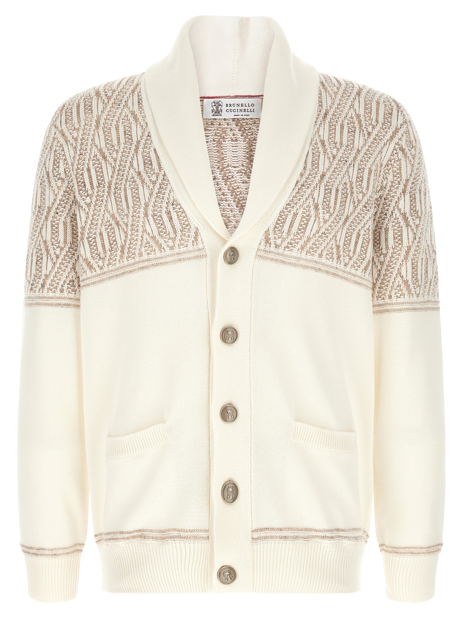 Cardigan by Brunello Cucinelli for men in cotton beige, cream, jacquard & striped features a nuanced silhouette with a refined shawl-collar neckline and nuanced detailing for a sophisticated look.