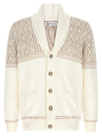 Cardigan by Brunello Cucinelli for men in cotton beige, cream, jacquard & striped features a nuanced silhouette with a refined shawl-collar neckline and nuanced detailing for a sophisticated look.