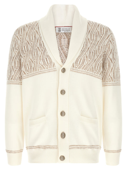 Cardigan by Brunello Cucinelli for men in cotton beige, cream, jacquard & striped features a nuanced silhouette with a refined shawl-collar neckline and nuanced detailing for a sophisticated look.