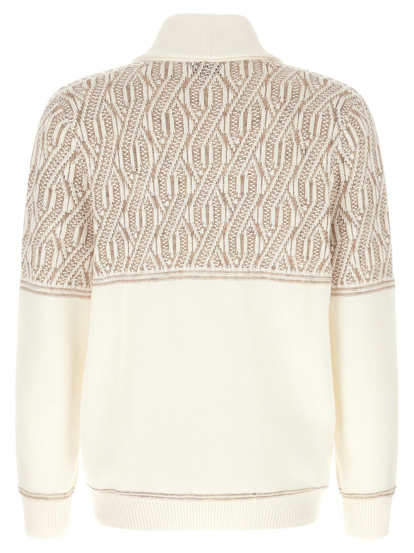 Cardigan by Brunello Cucinelli for men in cotton beige, cream, jacquard & striped showcases a luxurious silhouette, meticulously detailed with a sophisticated shawl-collar neckline and for a refined finish.