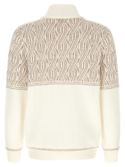 Cardigan by Brunello Cucinelli for men in cotton beige, cream, jacquard & striped showcases a luxurious silhouette, meticulously detailed with a sophisticated shawl-collar neckline and for a refined finish.