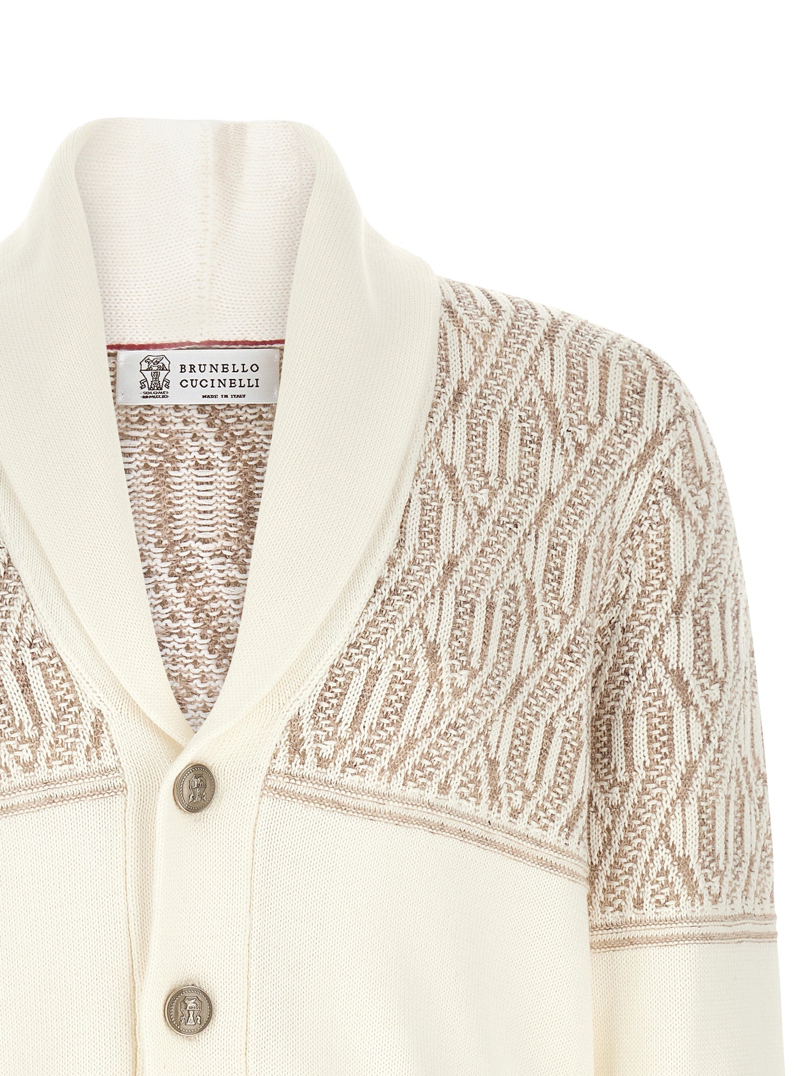 Cardigan by Brunello Cucinelli for men in cotton beige, cream, jacquard & striped showcases a captivating silhouette, artfully detailed with a captivating and shawl-collar neckline for a truly sophisticated captivating look.