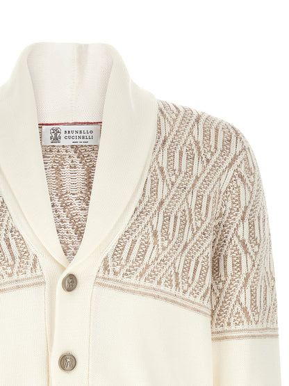 Cardigan by Brunello Cucinelli for men in cotton beige, cream, jacquard & striped showcases a captivating silhouette, artfully detailed with a captivating and shawl-collar neckline for a truly sophisticated captivating look.