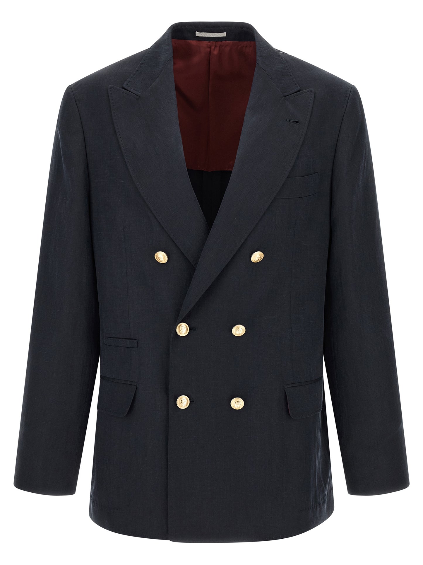 Blazer by Brunello Cucinelli for men in linen silk twill blue & gold features an crisp silhouette with sophisticated and a crisp for a truly crisp finish.