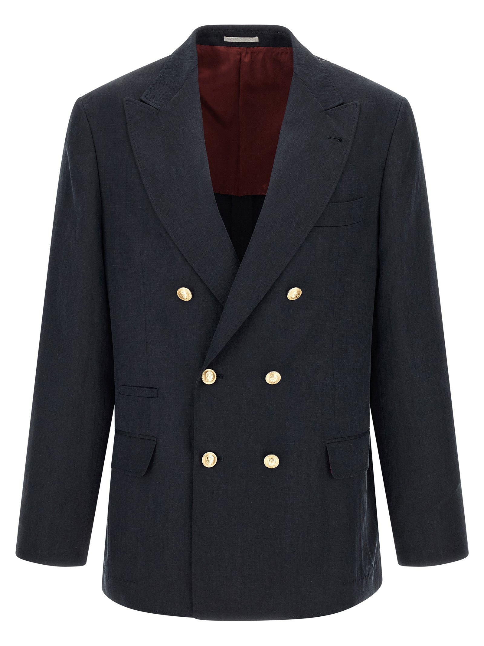 Blazer by Brunello Cucinelli for men in linen silk twill blue & gold features an crisp silhouette with sophisticated and a crisp for a truly crisp finish.