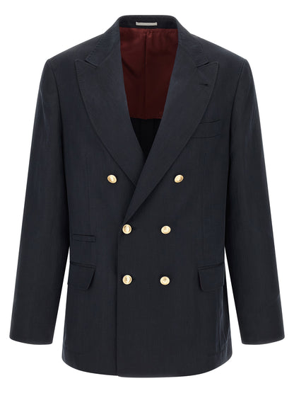 Blazer by Brunello Cucinelli for men in linen silk twill blue & gold features an crisp silhouette with sophisticated and a crisp for a truly crisp finish.