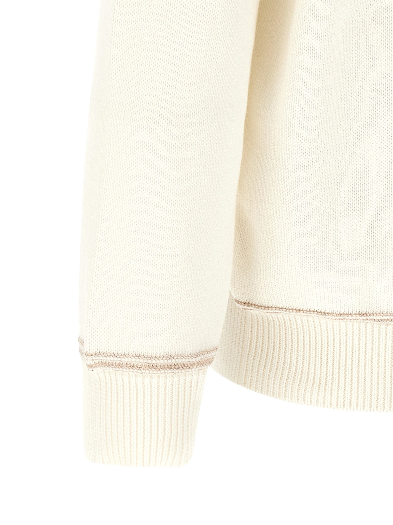 Cardigan by Brunello Cucinelli for men in cotton beige, cream, jacquard & striped presents a textural silhouette, artfully finished with a textural and for a sophisticated, textural look.