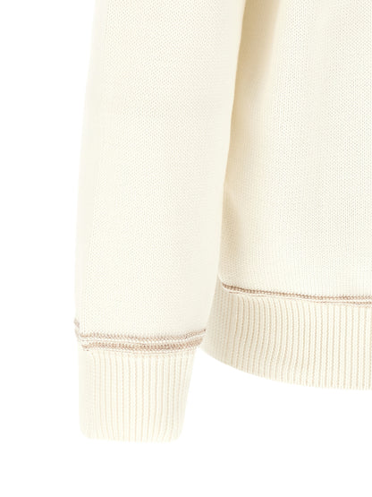 Cardigan by Brunello Cucinelli for men in cotton beige, cream, jacquard & striped presents a textural silhouette, artfully finished with a textural and for a sophisticated, textural look.