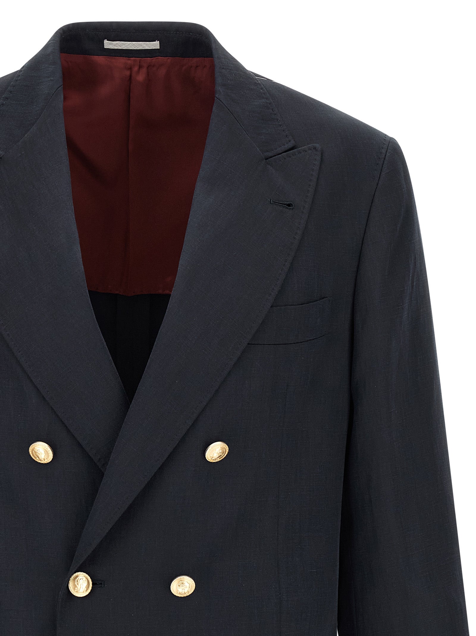 Blazer by Brunello Cucinelli for men in linen silk twill blue & gold features an sartorial silhouette, showcasing a sophisticated and sartorial for a truly sartorial finish.