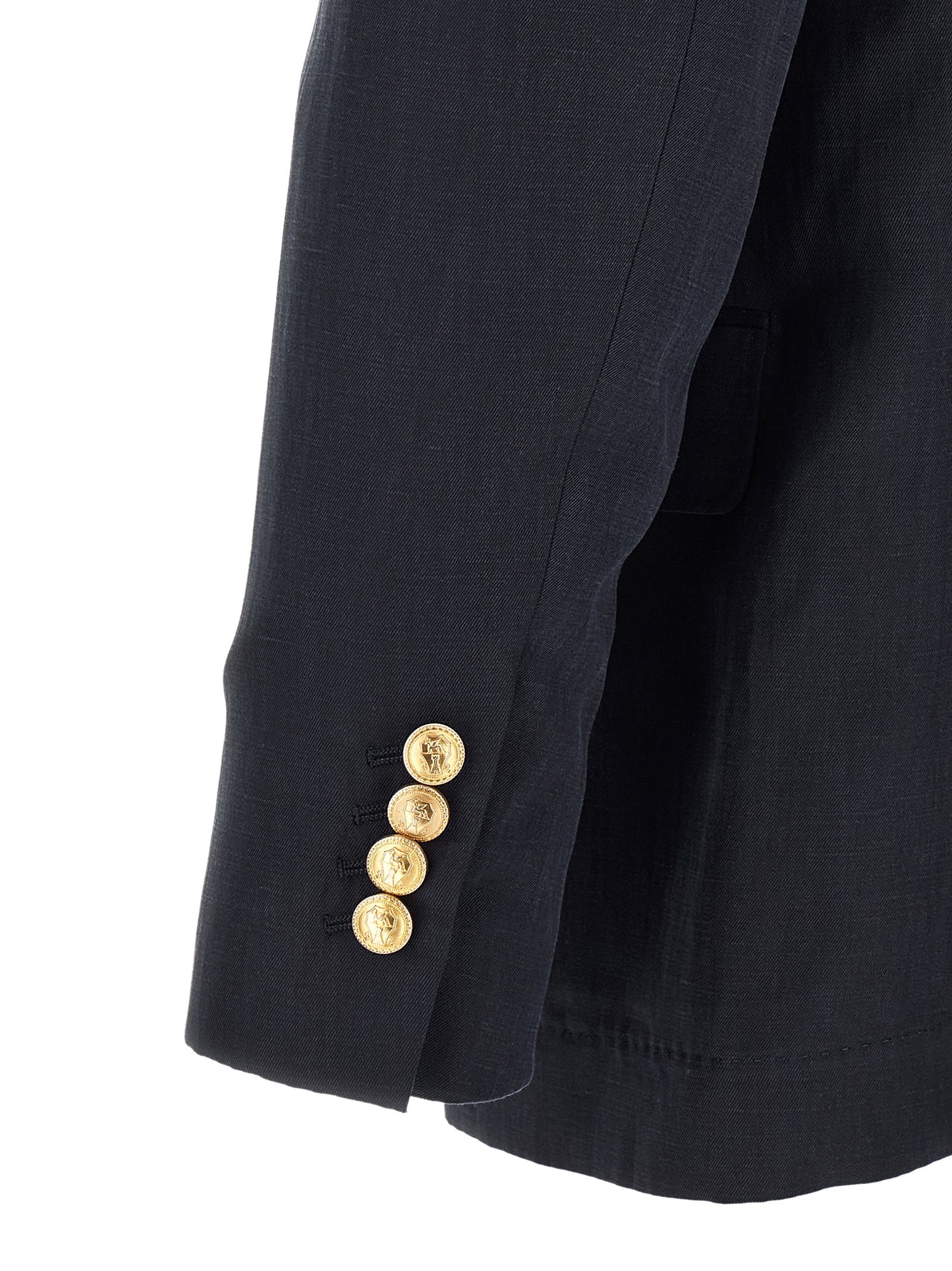 Blazer by Brunello Cucinelli for men in linen silk twill blue & gold presents a distinguished silhouette, detailed with a distinguished and distinctive for a truly sophisticated finish.