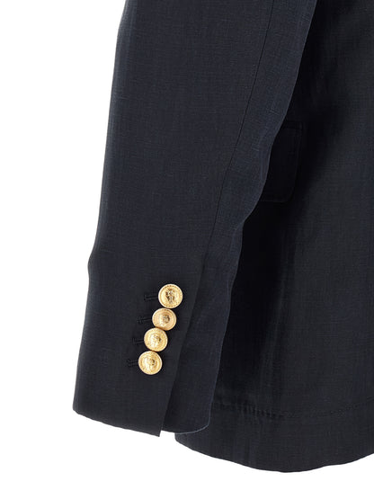 Blazer by Brunello Cucinelli for men in linen silk twill blue & gold presents a distinguished silhouette, detailed with a distinguished and distinctive for a truly sophisticated finish.