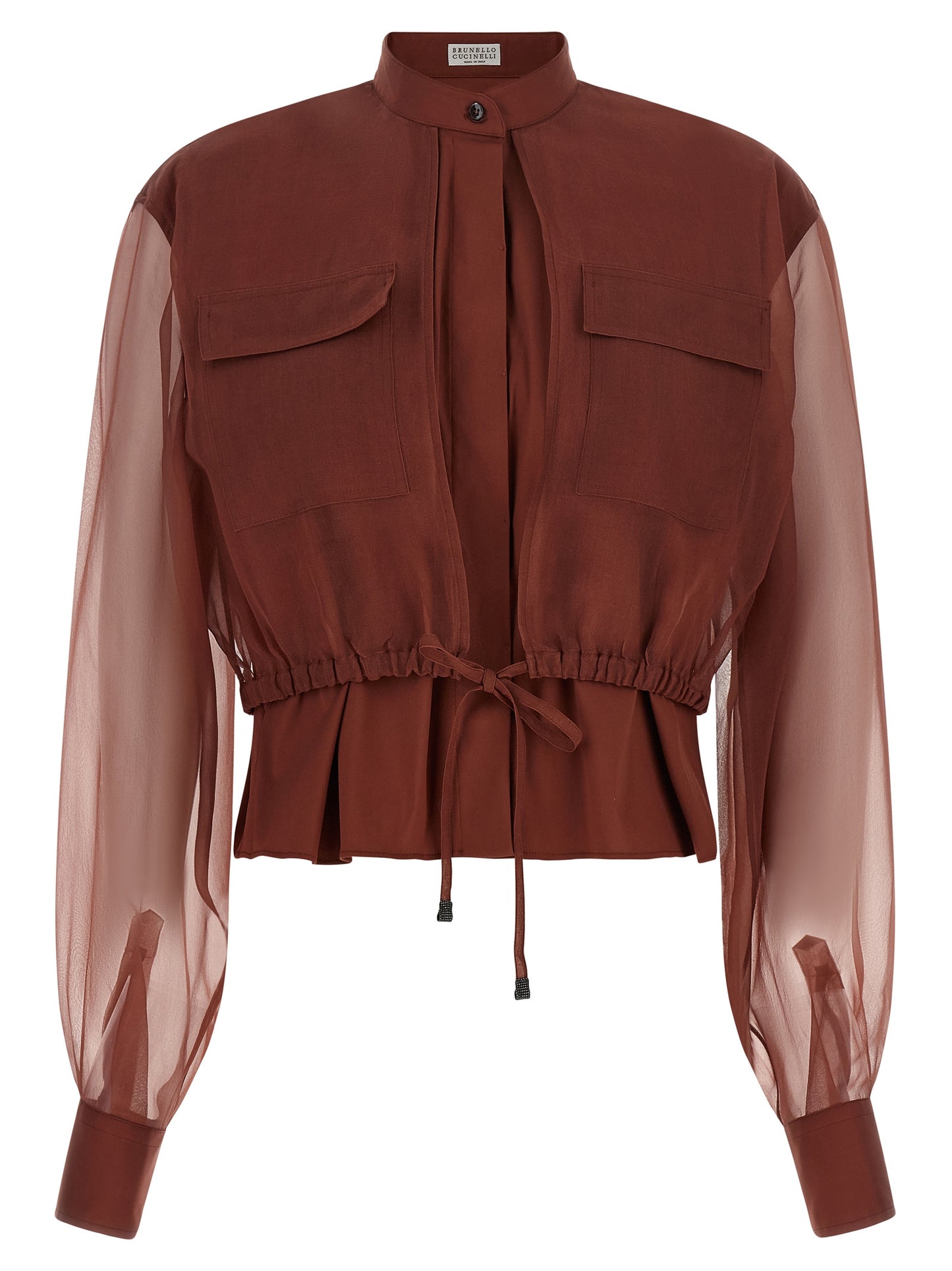 Blouse by Brunello Cucinelli for women in silk polyamide & cotton brown & transparent features an architectural silhouette with a refined sleeveless and elegant mandarin neckline for a architectural look.