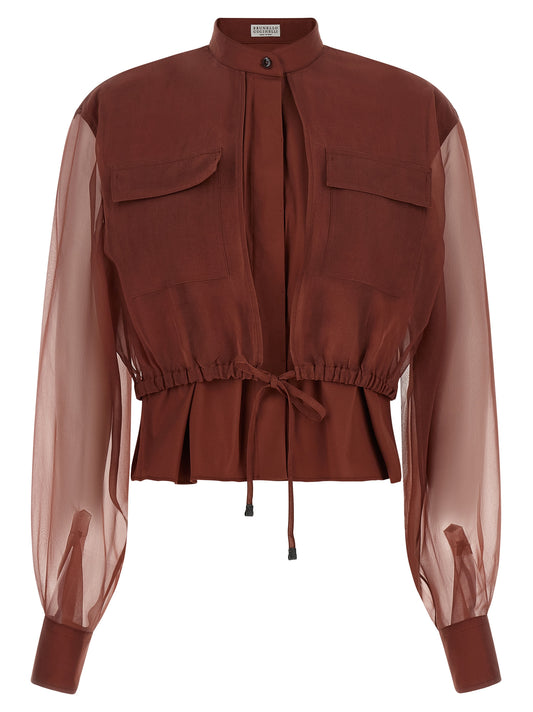 Blouse by Brunello Cucinelli for women in silk polyamide & cotton brown & transparent features an architectural silhouette with a refined sleeveless and elegant mandarin neckline for a architectural look.