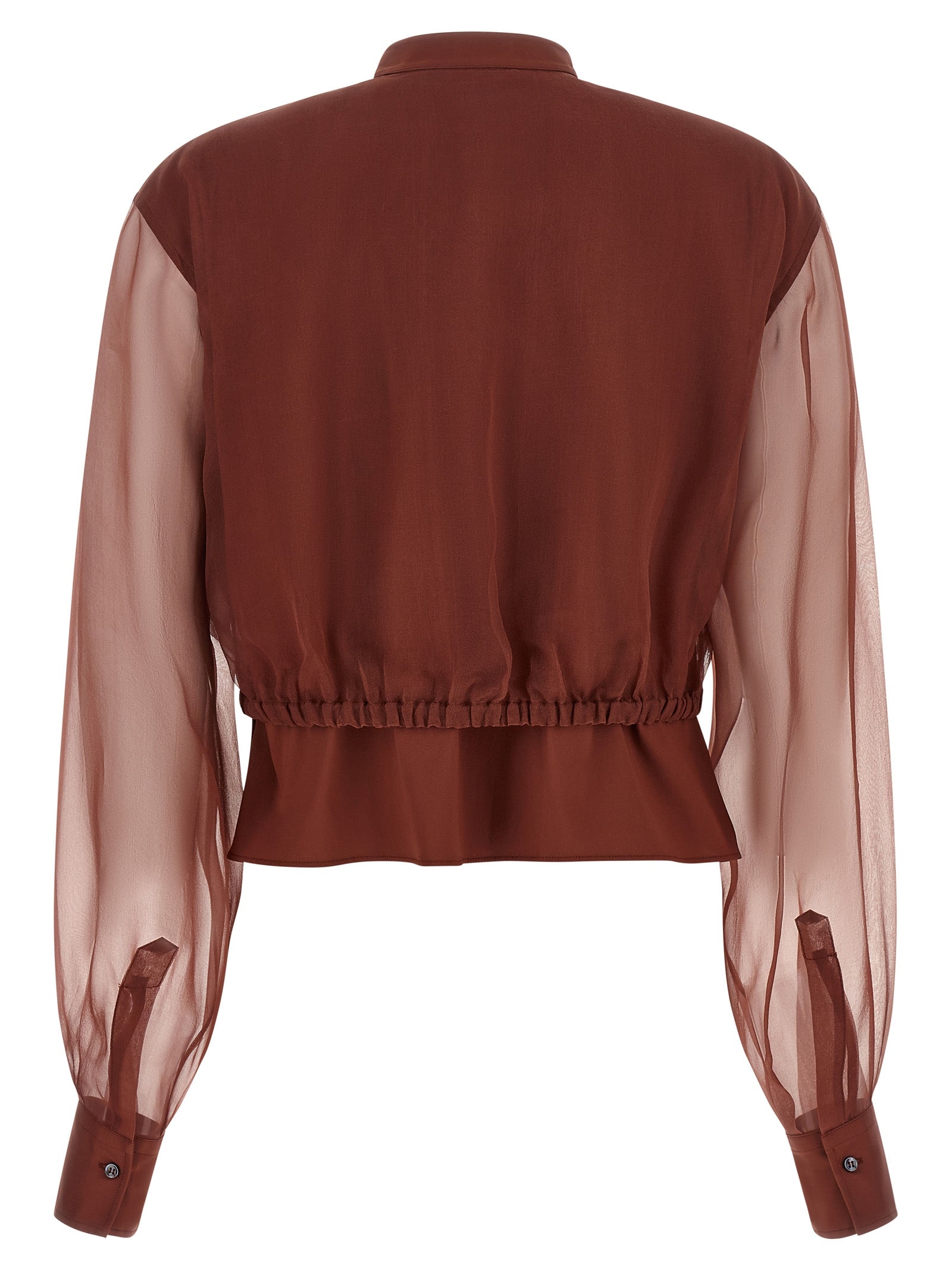 Blouse by Brunello Cucinelli for women in silk polyamide & cotton brown & transparent, featuring a nuanced and nuanced mandarin neckline for a sophisticated finish.