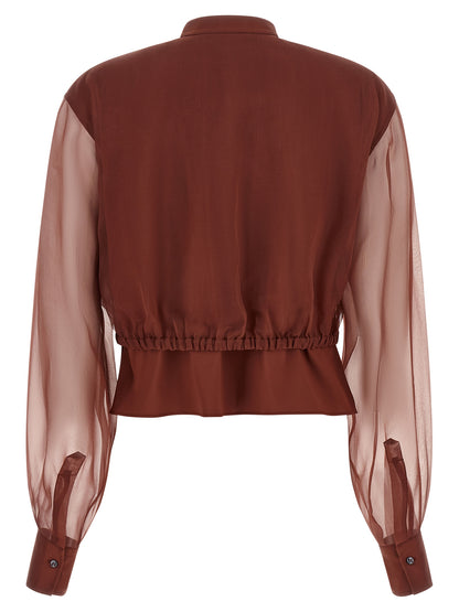 Blouse by Brunello Cucinelli for women in silk polyamide & cotton brown & transparent, featuring a nuanced and nuanced mandarin neckline for a sophisticated finish.