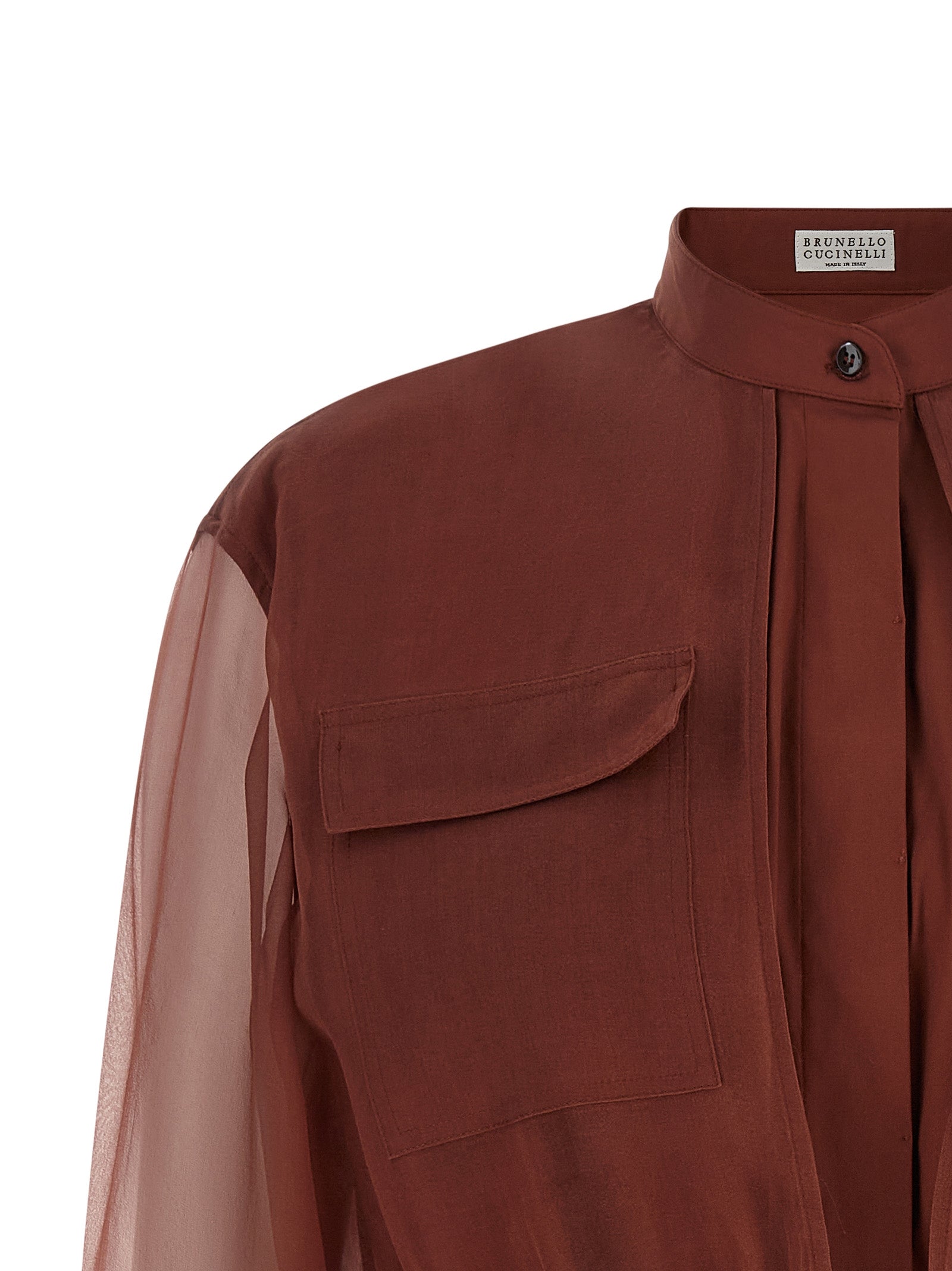 Blouse by Brunello Cucinelli for women in silk polyamide & cotton brown & transparent showcases a sublime silhouette, artfully detailed with a sublime mandarin neckline and for a sophisticated, sublime finish.