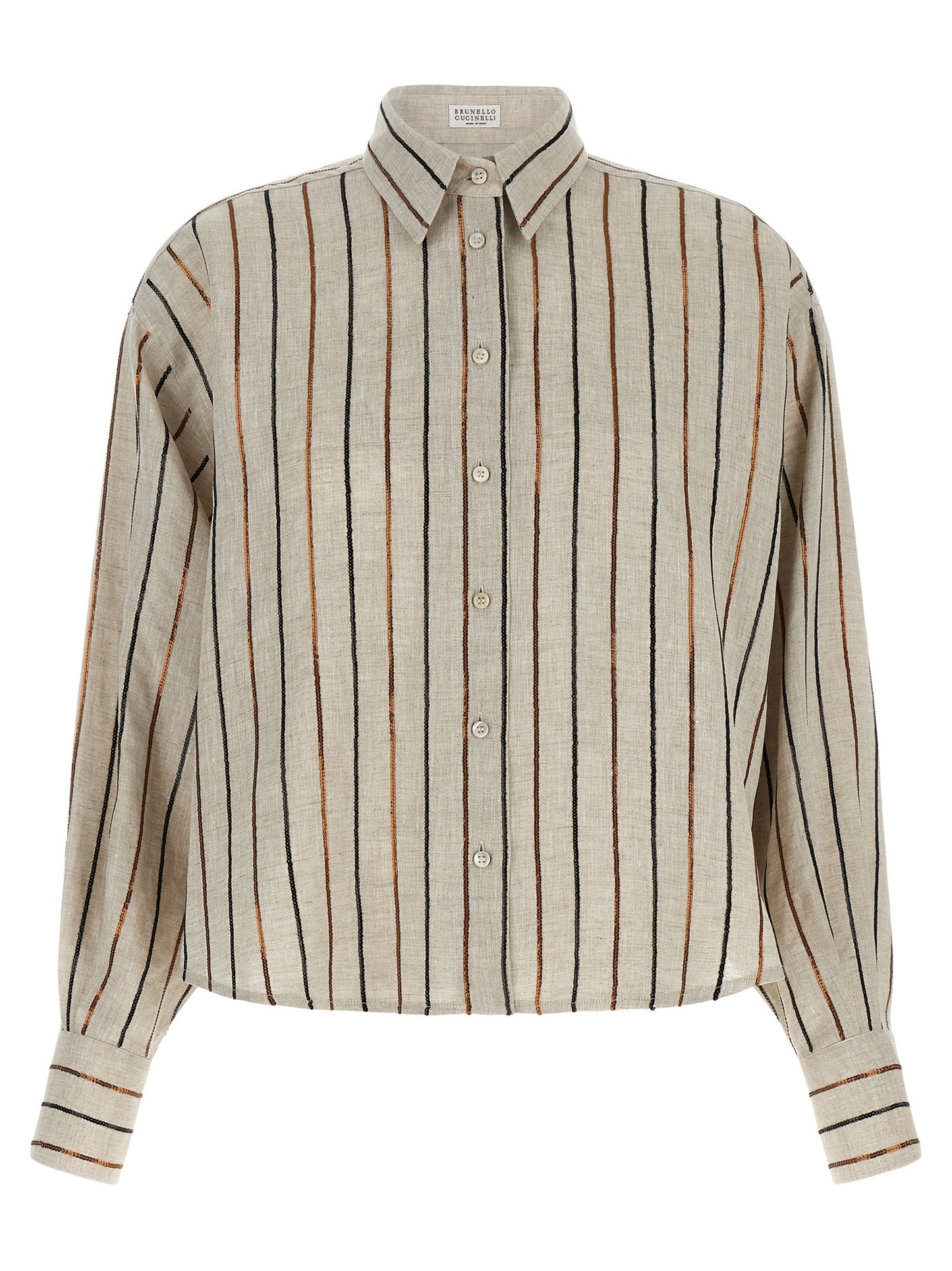 Blouse by Brunello Cucinelli for women in linen & sequins beige, black, bronze & striped features an polished silhouette, showcasing a sophisticated square neckline and detail for a truly polished finish.
