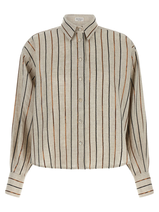 Blouse by Brunello Cucinelli for women in linen & sequins beige, black, bronze & striped features an polished silhouette, showcasing a sophisticated square neckline and detail for a truly polished finish.