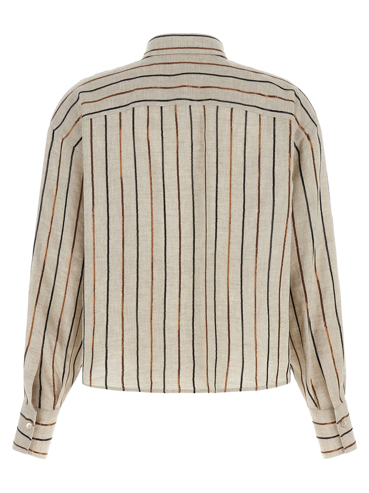 Blouse by Brunello Cucinelli for women in linen & sequins beige, black, bronze & striped presents a discerning silhouette, showcasing a sophisticated square neckline and for a truly discerning finish.