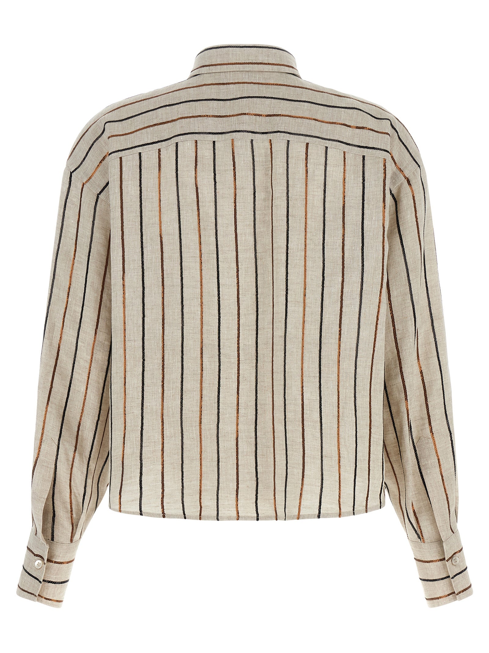 Blouse by Brunello Cucinelli for women in linen & sequins beige, black, bronze & striped presents a discerning silhouette, showcasing a sophisticated square neckline and for a truly discerning finish.