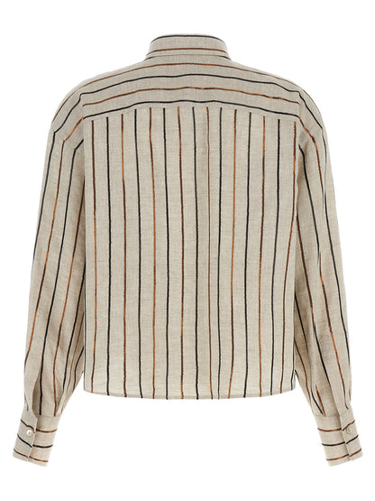 Blouse by Brunello Cucinelli for women in linen & sequins beige, black, bronze & striped presents a discerning silhouette, showcasing a sophisticated square neckline and for a truly discerning finish.