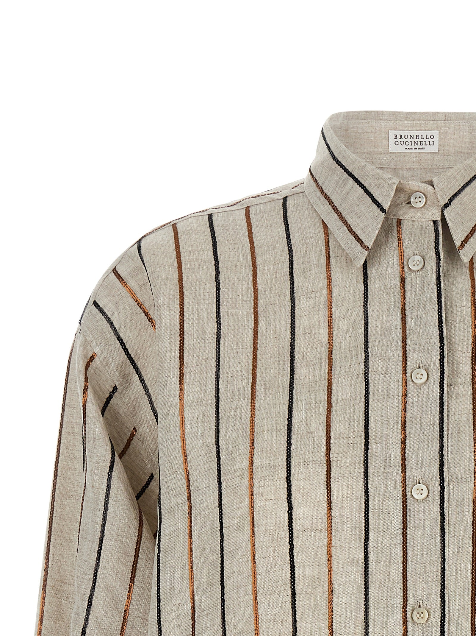 Blouse by Brunello Cucinelli for women in linen & sequins beige, black, bronze & striped features an polished silhouette, showcasing a sophisticated square neckline and detail for a truly polished finish.