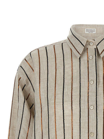 Blouse by Brunello Cucinelli for women in linen & sequins beige, black, bronze & striped features an polished silhouette, showcasing a sophisticated square neckline and detail for a truly polished finish.