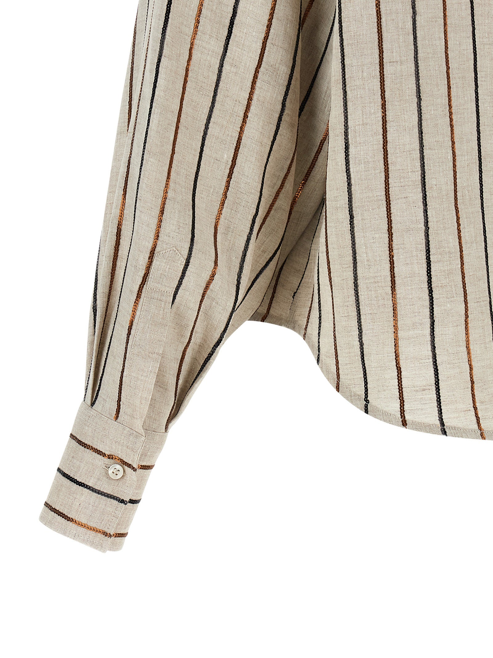 Blouse by Brunello Cucinelli for women in linen & sequins beige, black, bronze & striped showcases a sharp silhouette, elegantly detailed with a sharp and sharp .