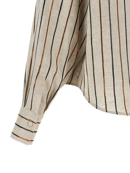 Blouse by Brunello Cucinelli for women in linen & sequins beige, black, bronze & striped showcases a sharp silhouette, elegantly detailed with a sharp and sharp .