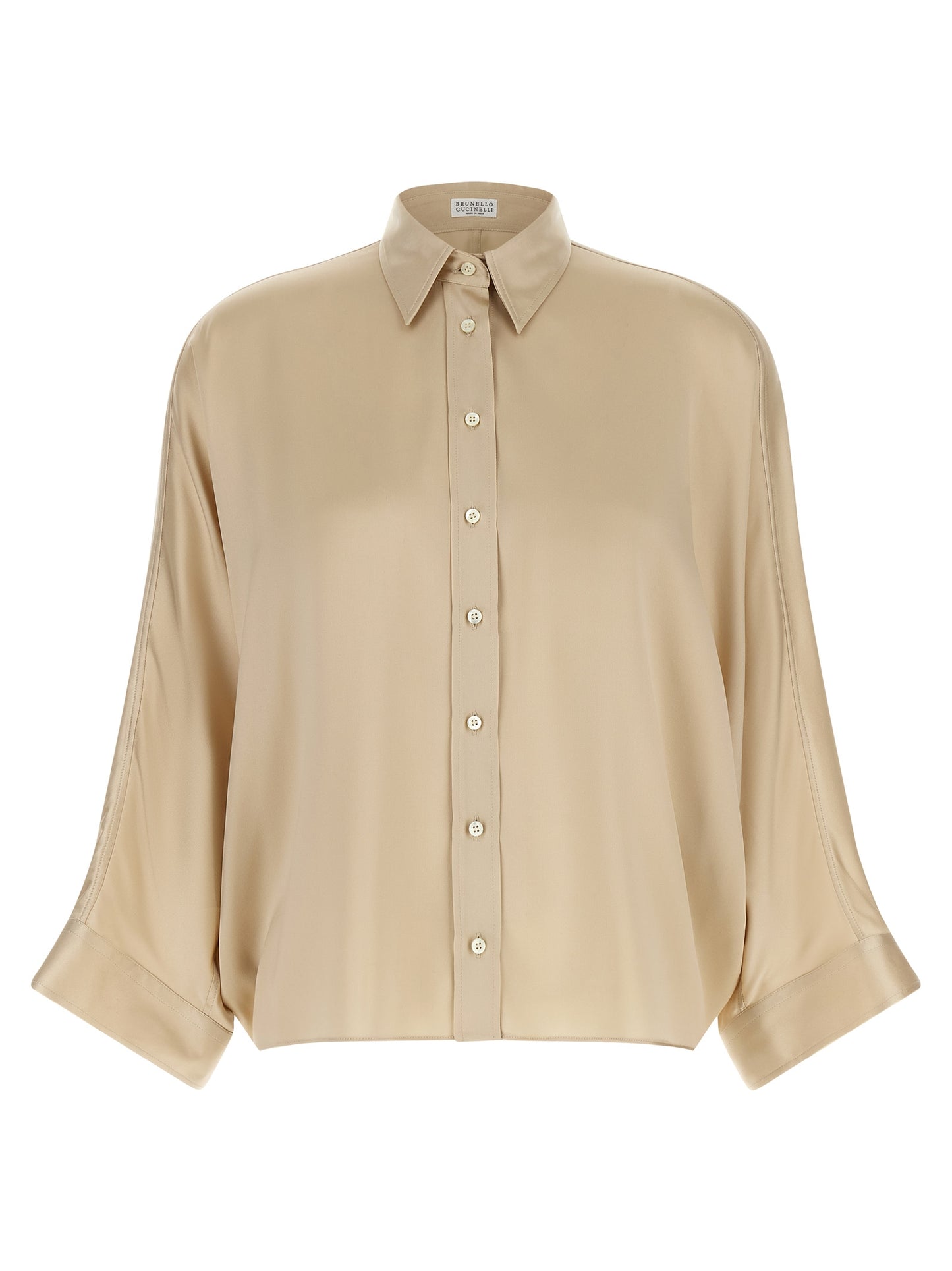 Blouse by Brunello Cucinelli for women in silk satin beige, natural, pearl & sand showcases a sleek silhouette, elegantly detailed with a sleek and for a sleek finish.