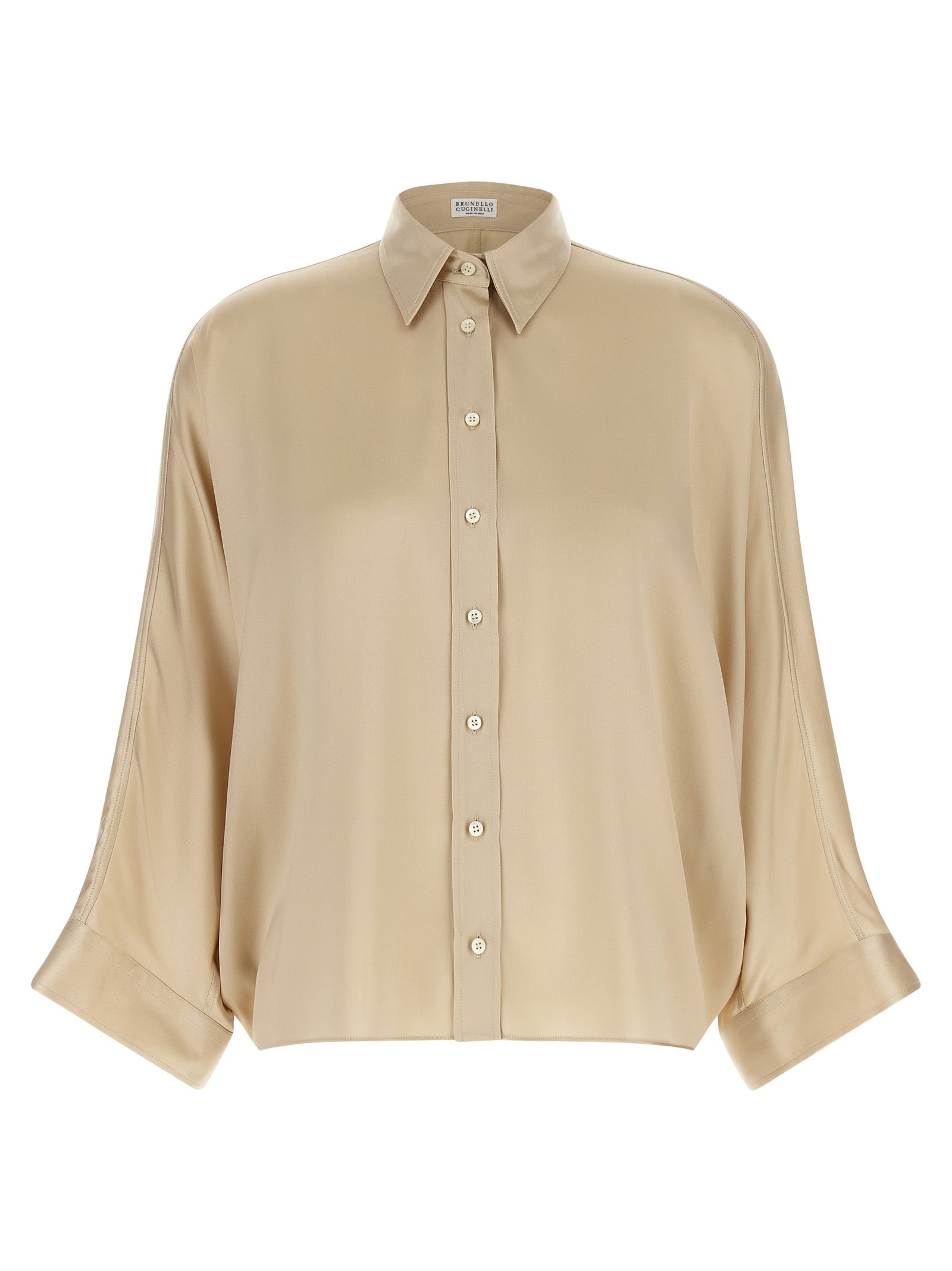 Blouse by Brunello Cucinelli for women in silk satin beige, natural, pearl & sand showcases a sleek silhouette, elegantly detailed with a sleek and for a sleek finish.