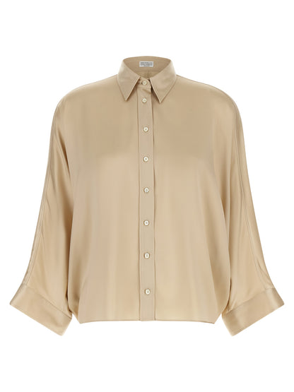 Blouse by Brunello Cucinelli for women in silk satin beige, natural, pearl & sand showcases a sleek silhouette, elegantly detailed with a sleek and for a sleek finish.