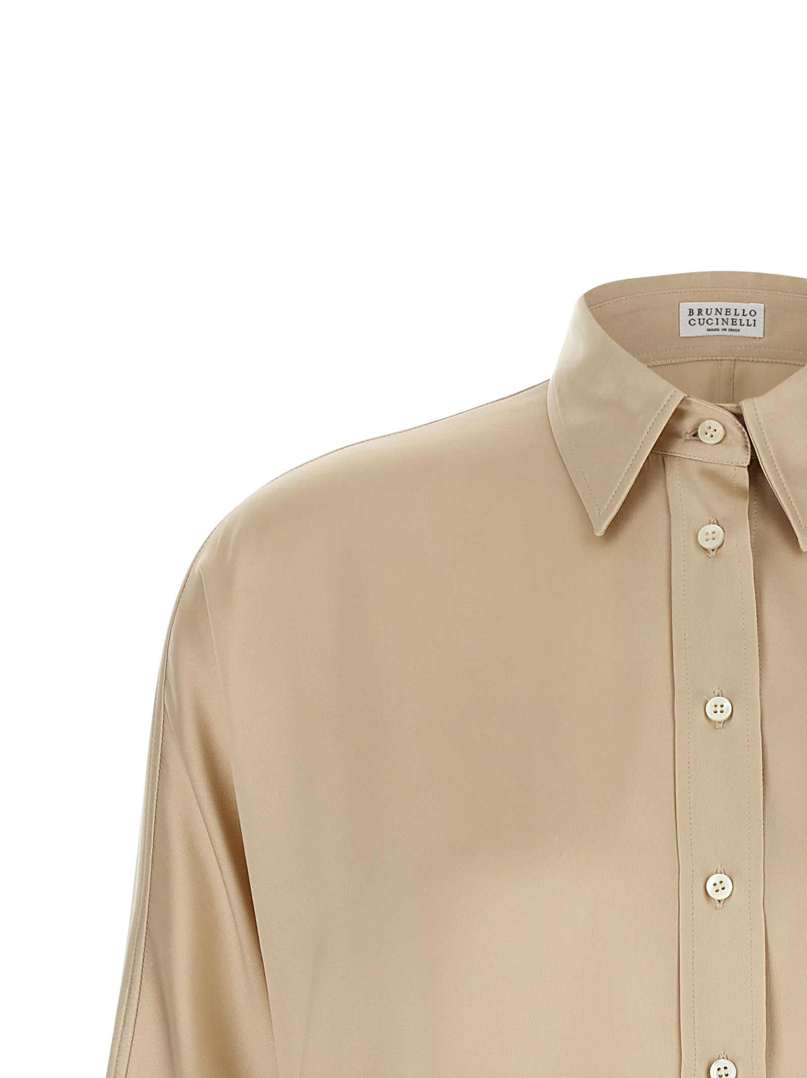 Blouse by Brunello Cucinelli for women in silk satin beige, natural, pearl & sand features an architectural silhouette with a refined and elegant for a architectural look.