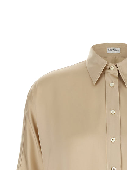 Blouse by Brunello Cucinelli for women in silk satin beige, natural, pearl & sand features an architectural silhouette with a refined and elegant for a architectural look.