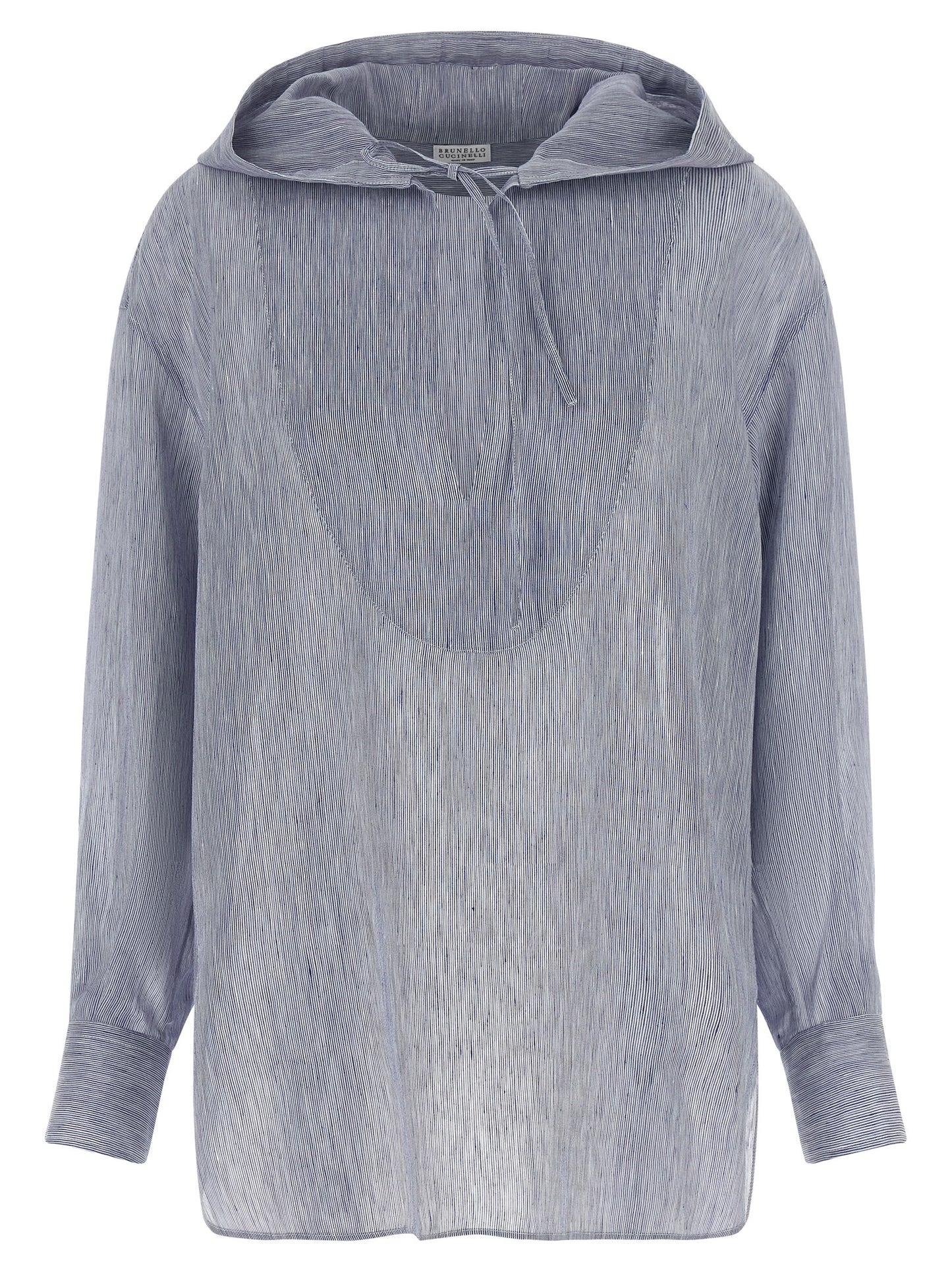 Hooded Blouse by Brunello Cucinelli for women in linen & silk light-blue & striped features an polished silhouette, showcasing a sophisticated hooded neckline and long-sleeve detail for a truly polished finish.