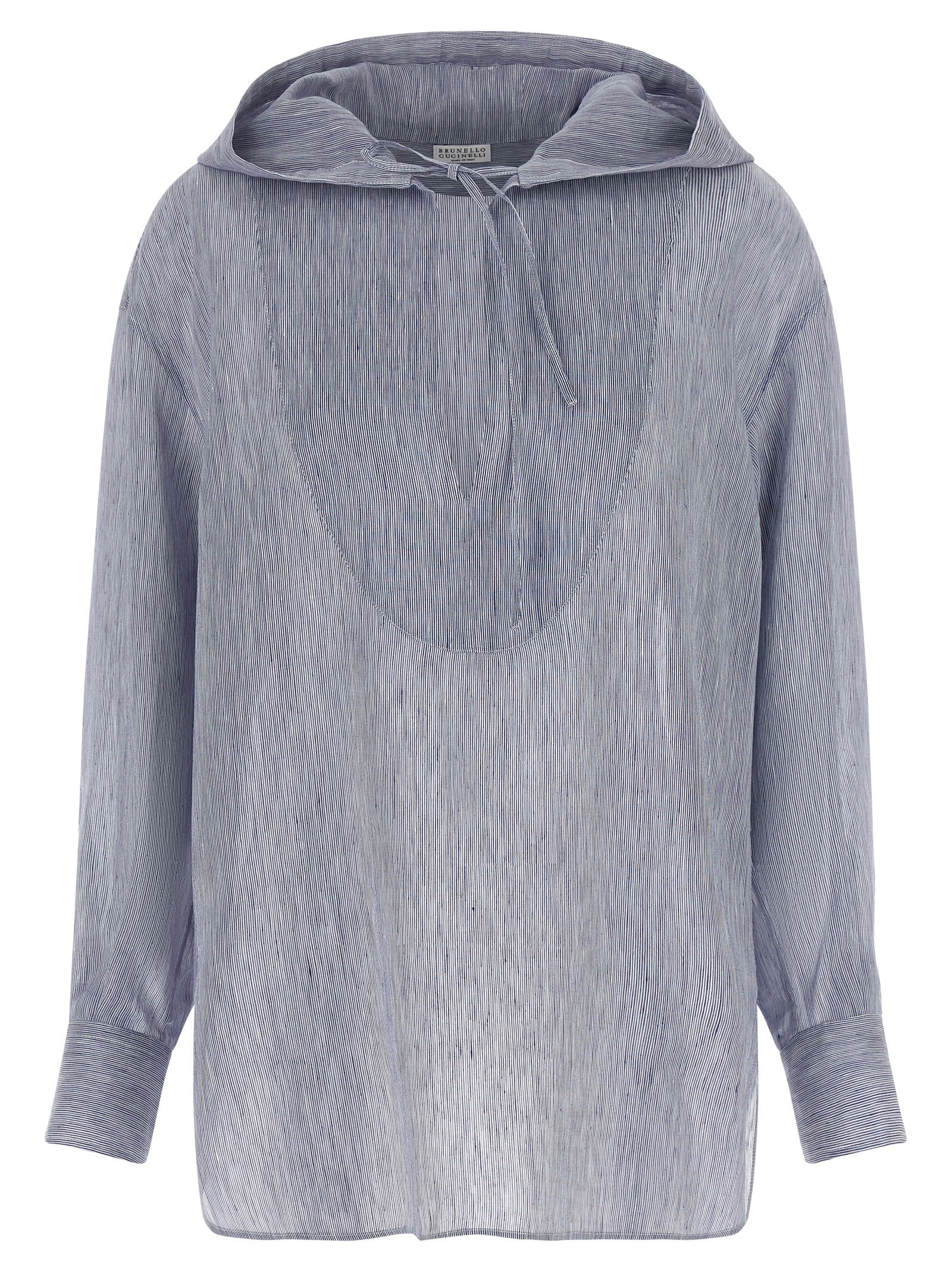 Hooded Blouse by Brunello Cucinelli for women in linen & silk light-blue & striped features an polished silhouette, showcasing a sophisticated hooded neckline and long-sleeve detail for a truly polished finish.