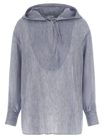 Hooded Blouse by Brunello Cucinelli for women in linen & silk light-blue & striped features an polished silhouette, showcasing a sophisticated hooded neckline and long-sleeve detail for a truly polished finish.