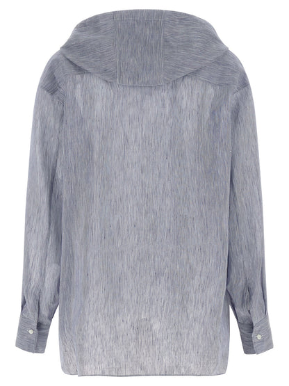 Hooded Blouse by Brunello Cucinelli for women in linen & silk light-blue & striped showcases a sleek silhouette, elegantly detailed with a sleek hooded neckline and for a sleek finish.