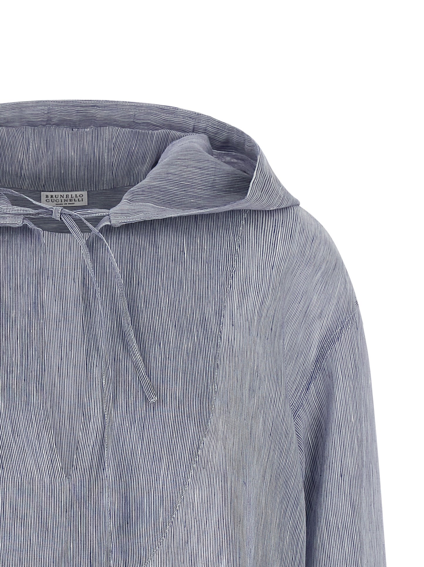 Hooded Blouse by Brunello Cucinelli for women in linen & silk light-blue & striped presents a discerning silhouette, showcasing a sophisticated hooded neckline and for a truly discerning finish.