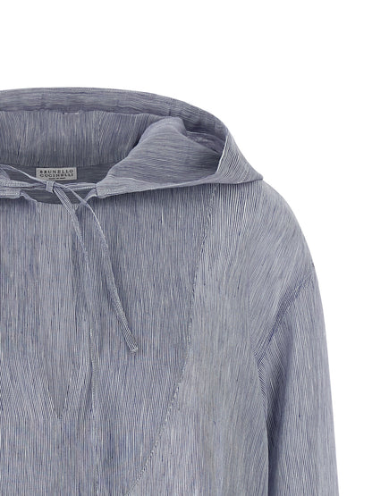Hooded Blouse by Brunello Cucinelli for women in linen & silk light-blue & striped presents a discerning silhouette, showcasing a sophisticated hooded neckline and for a truly discerning finish.
