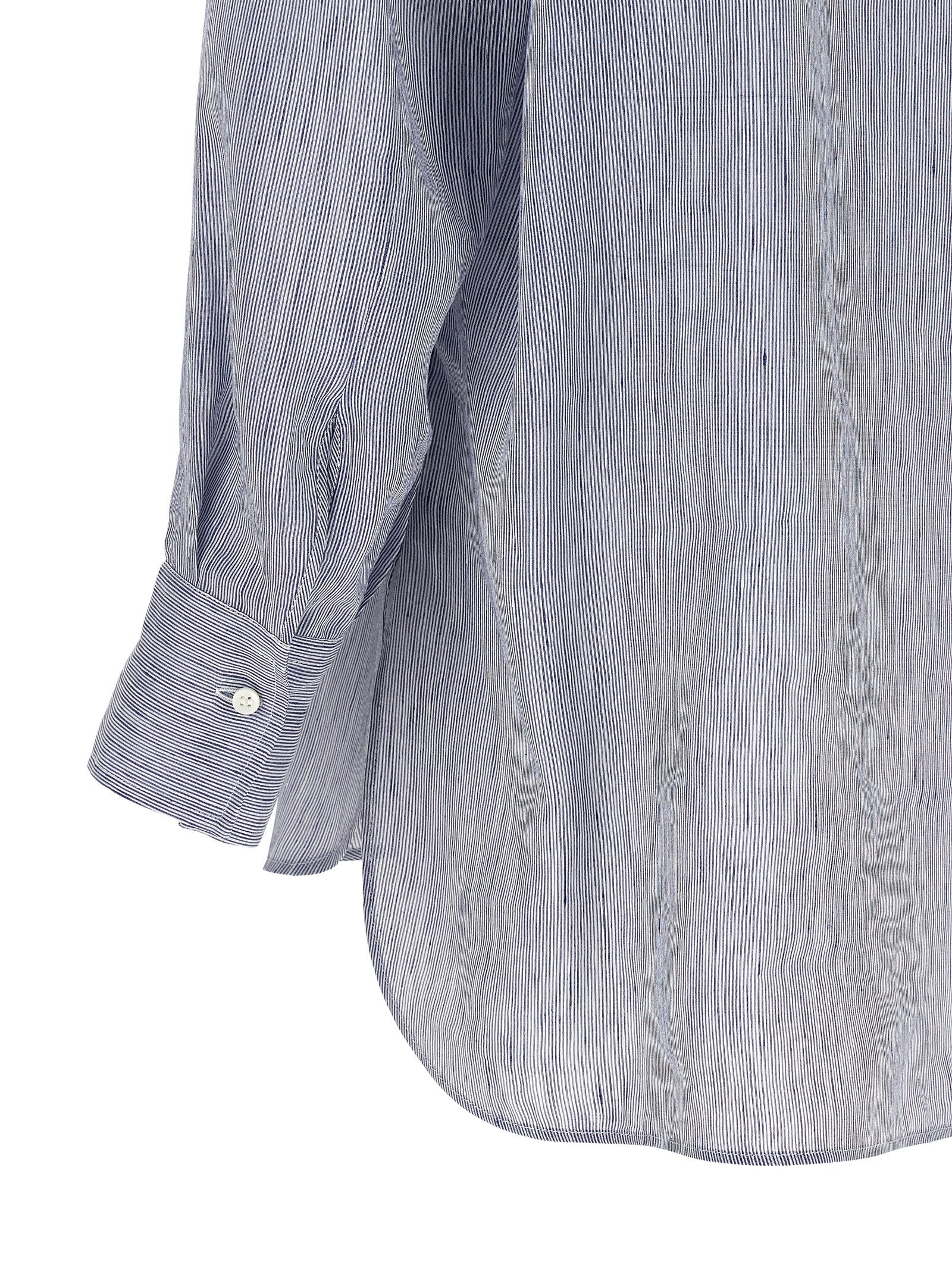 Hooded Blouse by Brunello Cucinelli for women in linen & silk light-blue & striped, featuring a nuanced and nuanced for a sophisticated finish.